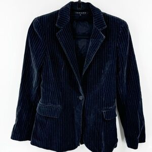 ✅ THEORY NAVY PINSTRIPE VELVET ONE BUTTON BLAZER WITH POCKETS SIZE SMALL